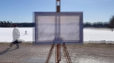 Mia SAn image from the video Alt text by Mia Seppälä. Parts of the installation: Off-painted Beaches: Ten inkjet prints on canvas, manually removed pigment.