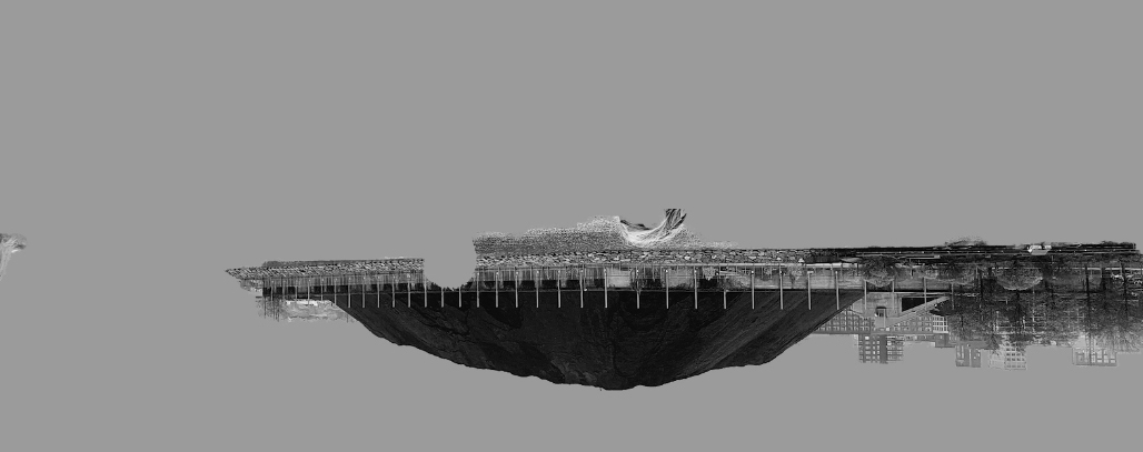 A black and white image of an island upside down.