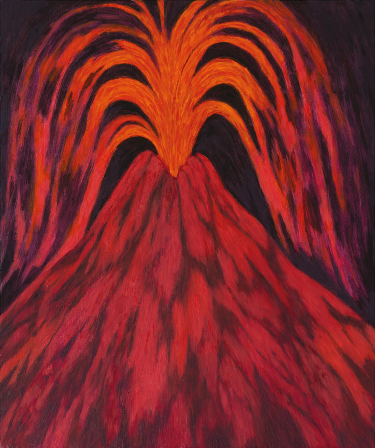 Puna-musta maalaus, jossa tulivuori purkautuu.