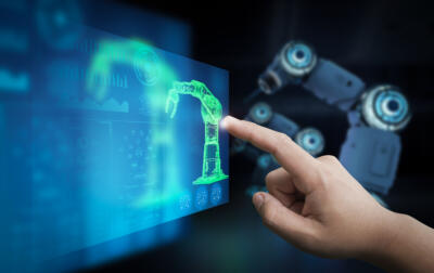 Technician control 3d rendering robot arm in factory.