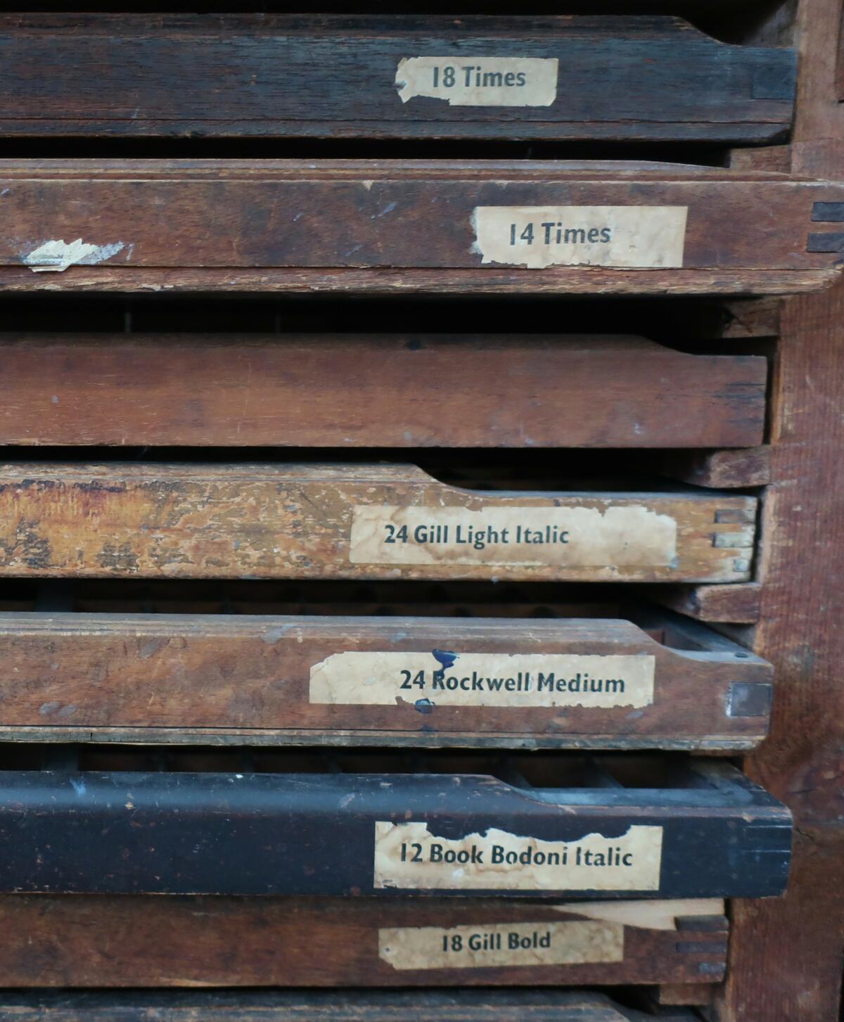 A close-up image of an old cabinet with drawers labeled with different fonts such as Times and Gill Light Italic.