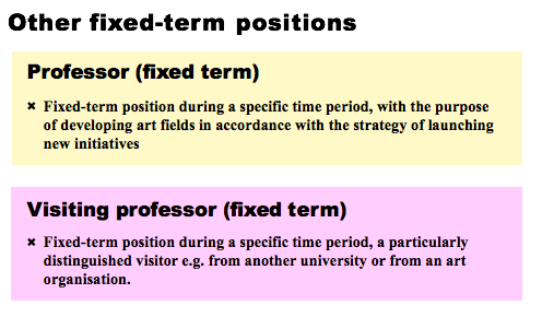 Other fixed-term positions.
Professor (fixed term): fixed-term position during a specific time period, the the purpose of developing art fields in accordance with the strategy of launching new initiatives.
Visiting professor (fixed term): fixed-term position during a specific time period, a particularly distinguished visitor e.g. from another university or from an art organisation.