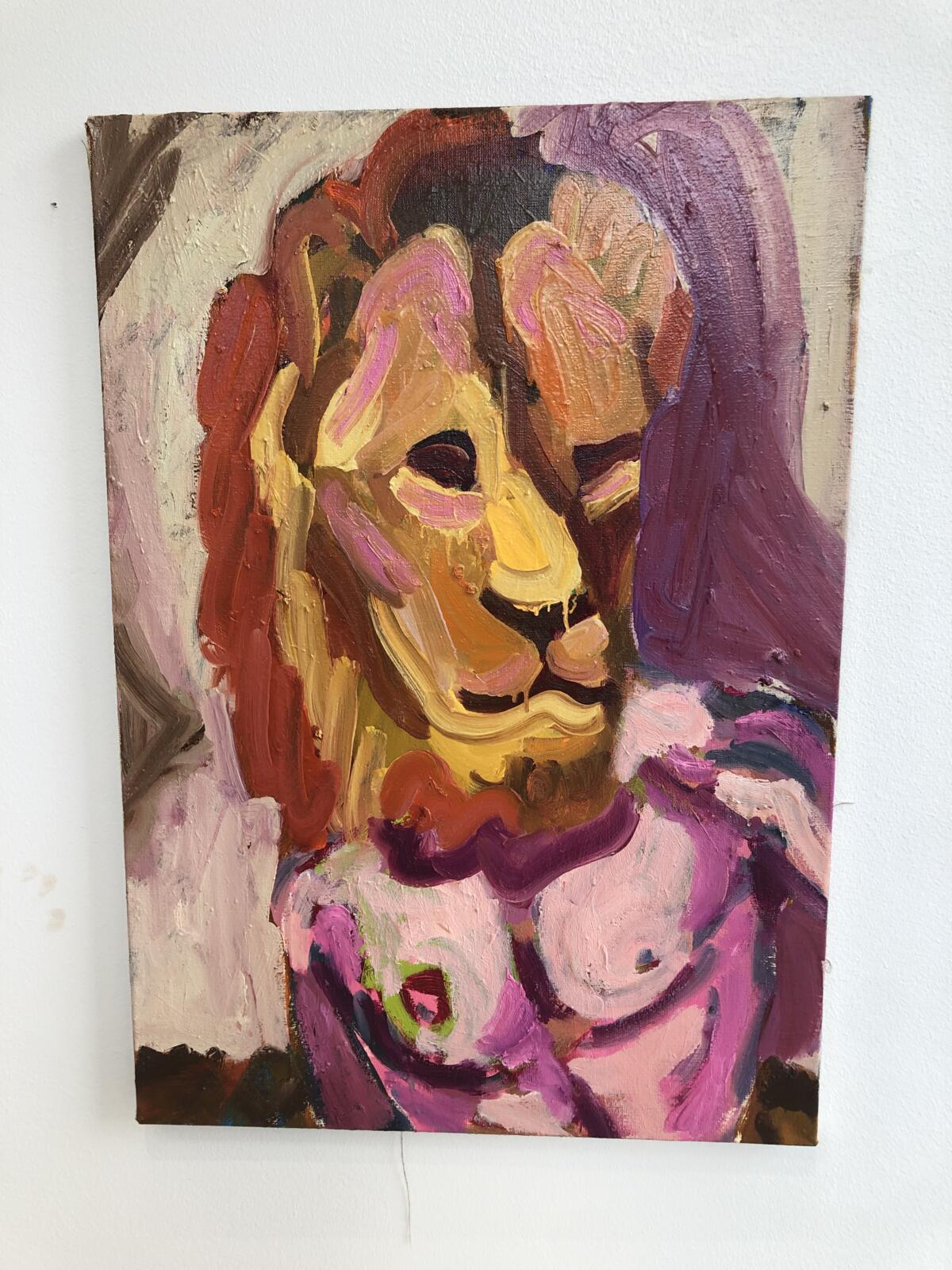 V&auml;rik&auml;s &ouml;ljyv&auml;rimaalaus urosleijonasta, jolla on ihmisen torso.